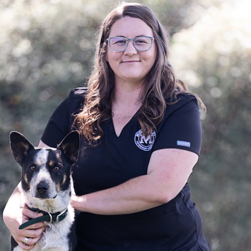 Bayley, a Veterinary Assistant at Mid-Valley Veterinary Hospital, kneeling outdoors with a blue heeler dog.