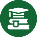 Icon featuring two stacked books with a bookmark, topped by a graduation cap on a dark green circular background, symbolizing education and learning in the field of veterinary science.