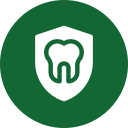 A green circular icon features a white shield with a tooth symbol in the center, suggesting dental protection or a dentistry service, resembling the emblem one might find at a veterinarian's office ensuring pet oral health.