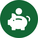 A white icon of a piggy bank with a coin being inserted, set against a green circular background, perfect for promoting veterinarian savings plans.