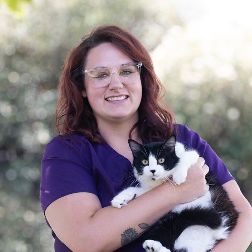Keva, a Veterinary Assistant at Mid-Valley Veterinary Hospital, holding a black and white cat outdoors.