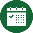 Icon of a calendar inside a green circle. The calendar displays a check mark on the first day, suggesting an important date or an appointment with your vet.