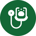A white stethoscope with a paw print in the middle of the diaphragm sits on a green circular background, symbolizing veterinary care.