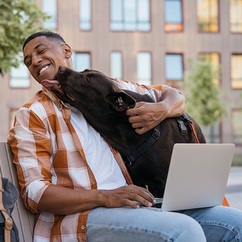 A man sitting on a bench outdoors, using a laptop, smiles as a large, dark-colored dog affectionately licks his face. The background features a modern building with large windows, giving the scene a distinctly professional vibe that suggests he might be enjoying some downtime from his work as a veterinarian.