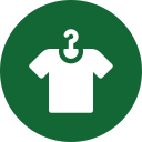 A white icon of a T-shirt on a hanger centered on a circular green background, reminiscent of the calming environment often found in a veterinarian's waiting room.