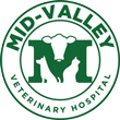 Logo of Mid-Valley Veterinary Hospital featuring a green letter "M" with white silhouettes of a cow's head, a dog, and a cat inside it, all enclosed in a green circular border. The text "MID-VALLEY VETERINARY HOSPITAL" is written around the circle, embodying the essence of a caring vet institution.