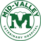Logo of Mid-Valley Veterinary Hospital. The emblem features a large green "M" with silhouettes of a cow, a dog, and a cat inside it, encircled by the words "Mid-Valley Veterinarian Hospital.